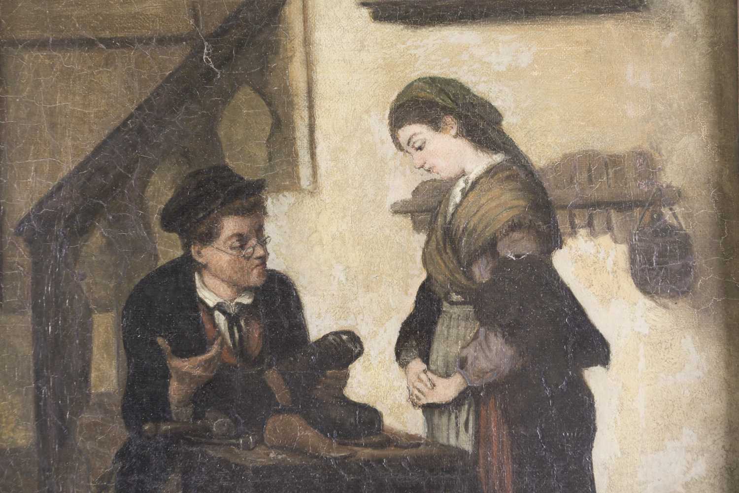 19th century Continental school, a cobbler at work in an interior setting, a woman beside him, oil - Image 4 of 4