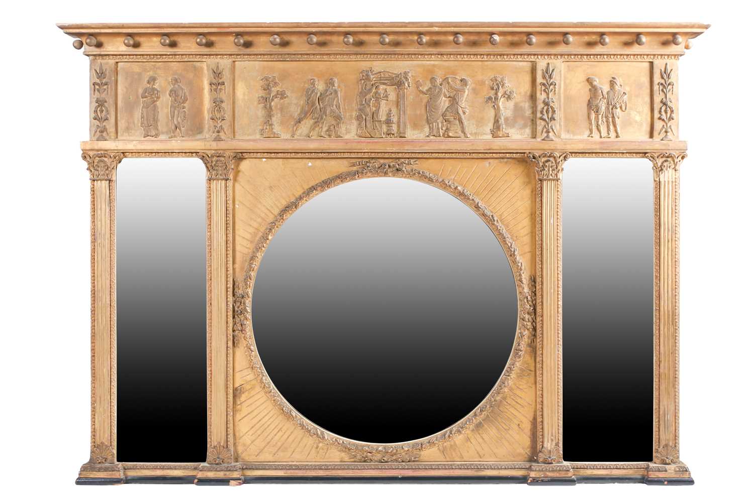 A Regency style gilt framed overmantel mirror, the frieze with relief decorated Roman figures,