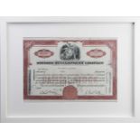 A collection of assorted framed currency and share certificates, comprising a 1910 1000 Mark
