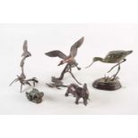 A mixed group of five assorted bronze birds and animals, comprising a green patinated wading bird,