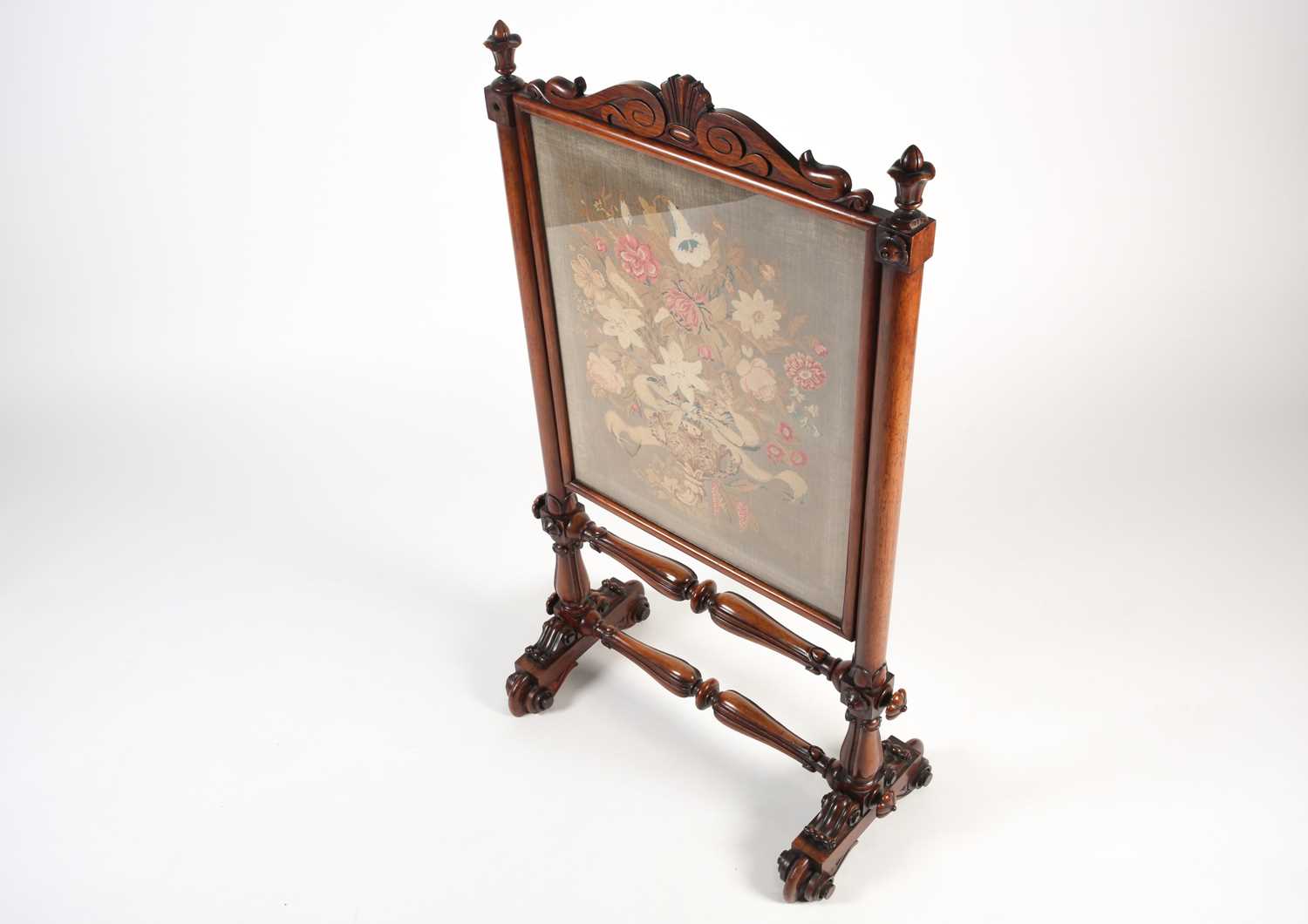 A Victorian mahogany and petit point firescreen, with shell and scroll decoration over turned - Image 5 of 7