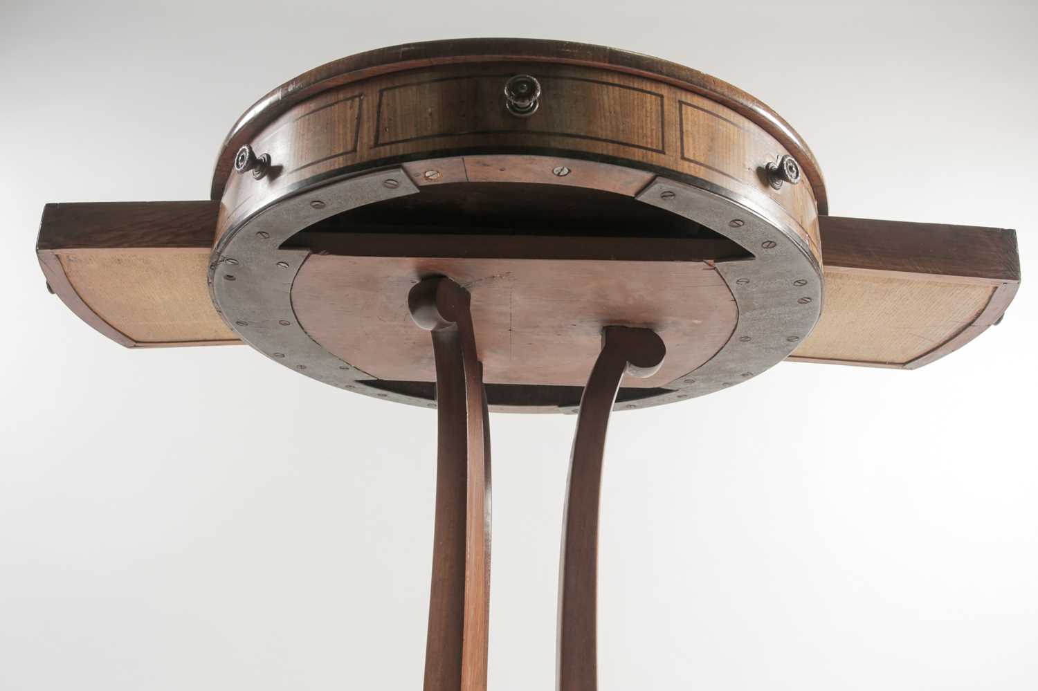 A small George IV ebony strung mahogany circular drum form urn table with tulipwood banded top and - Image 3 of 18