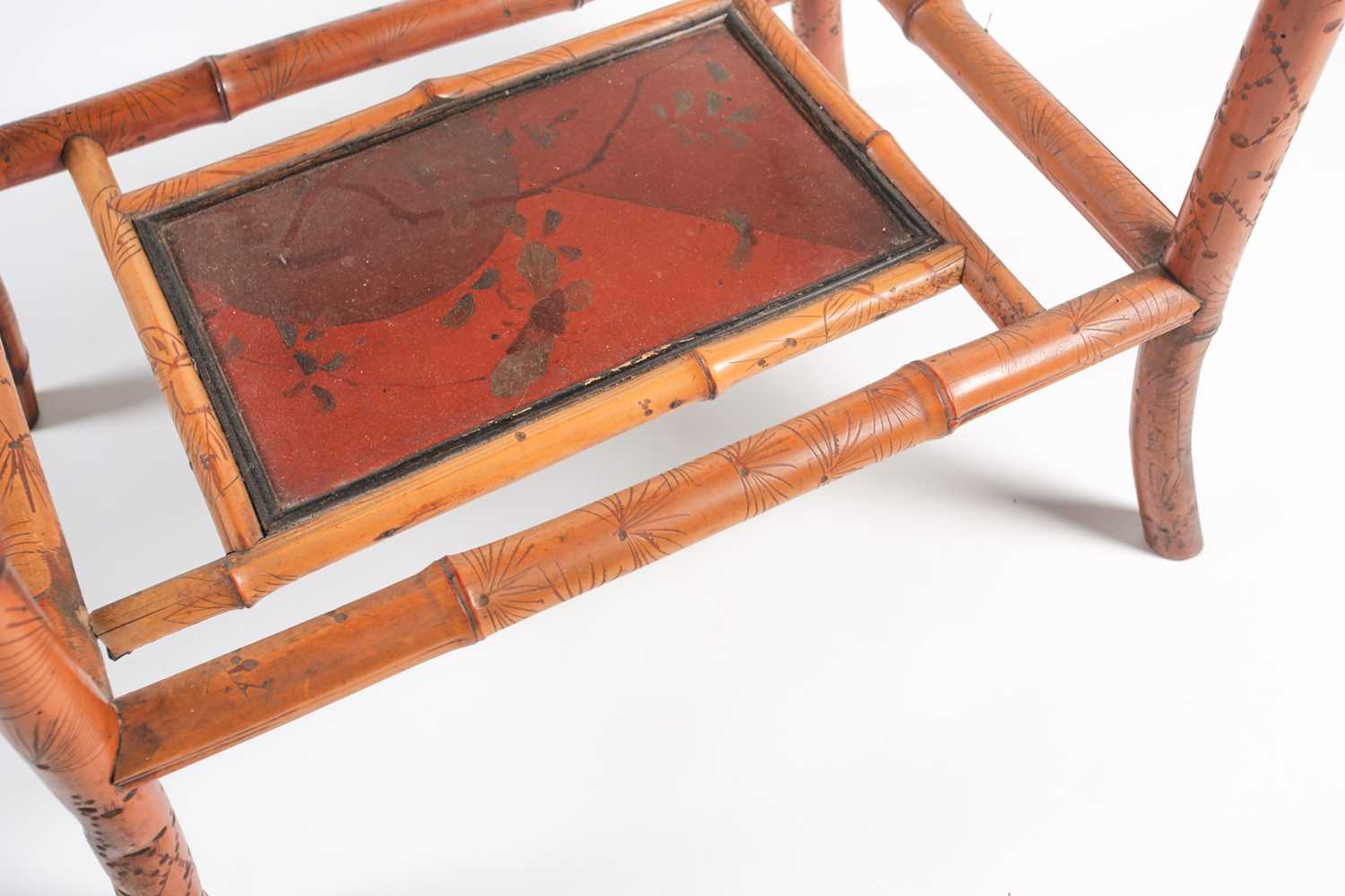 A 19th century bamboo and painted lacquer fold-over gaming table with under tier. Raised on slightly - Image 4 of 11