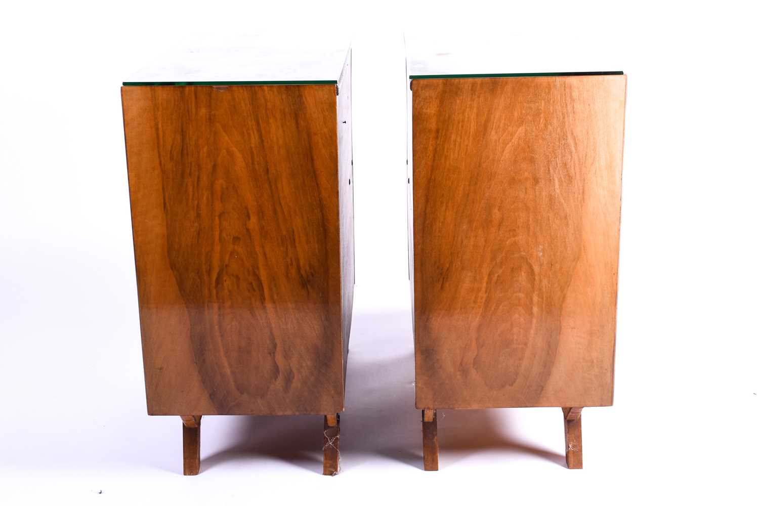 A pair of mid 20th century figured walnut bedside cabinet bookcases, each radiused at one end and - Image 2 of 6