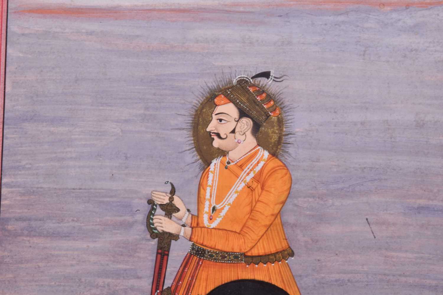 Indian School, 19th century, full length portrait of a Maharaja, with gilt nimbus, with sword and - Image 4 of 4