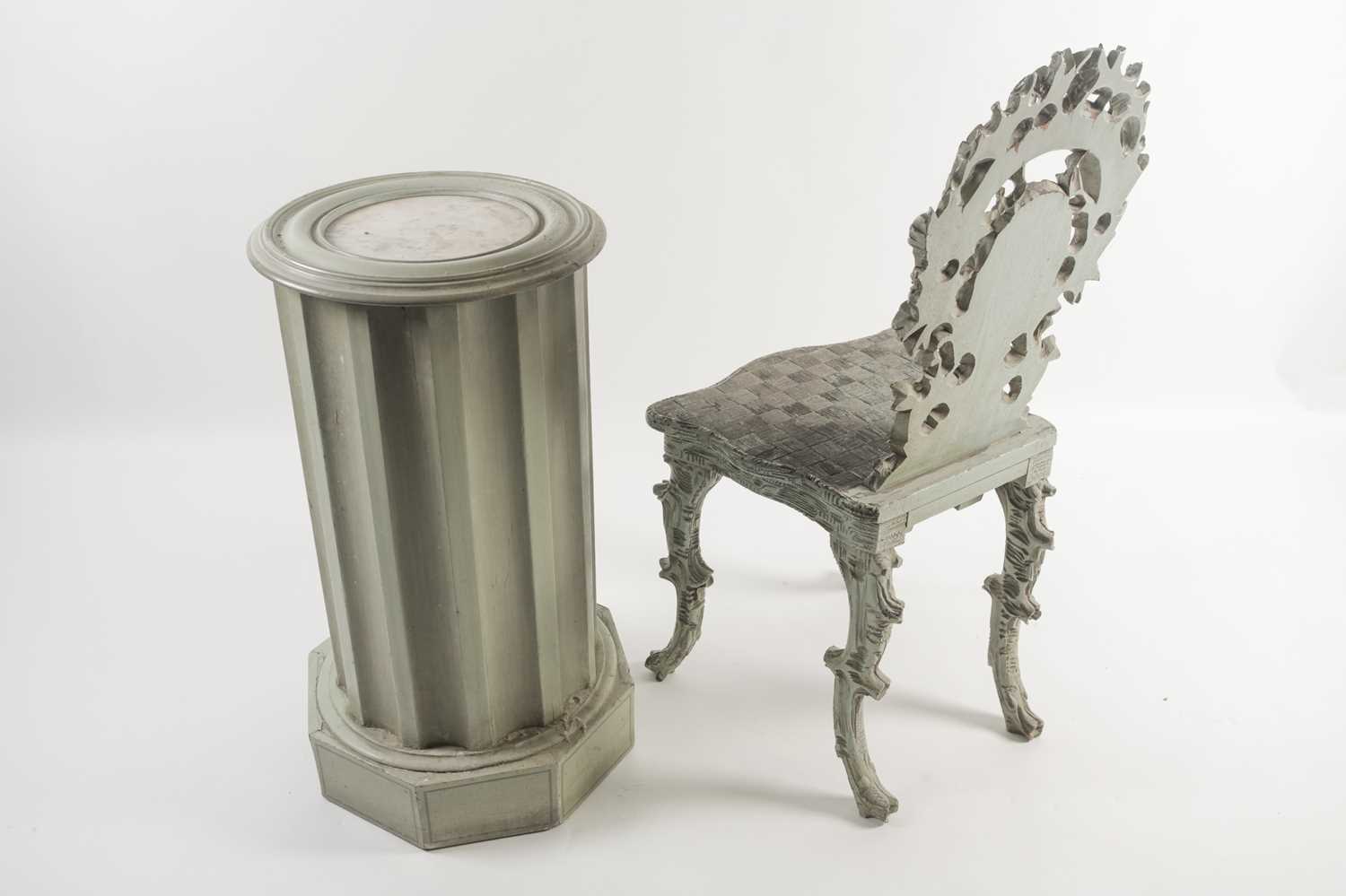 A 19th century Continental carved and painted "Rustic" hall chair and a Victorian-style circular - Image 7 of 8