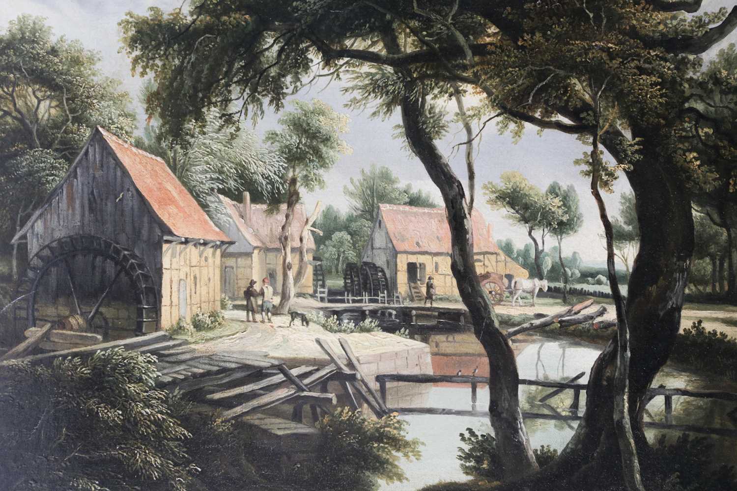 Early 20th century school, a watermill in a rural setting, unsigned oil on canvas, 81 cm x 66 cm - Image 2 of 6