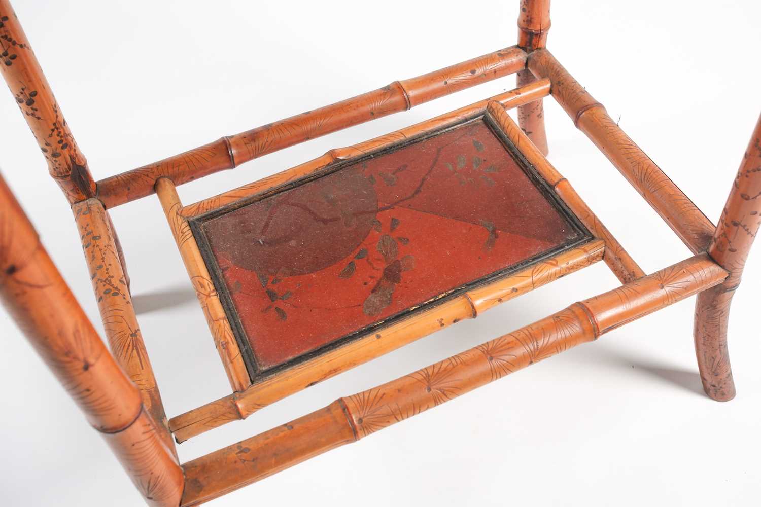 A 19th century bamboo and painted lacquer fold-over gaming table with under tier. Raised on slightly - Image 5 of 11