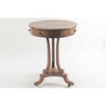 A small George IV ebony strung mahogany circular drum form urn table with tulipwood banded top and