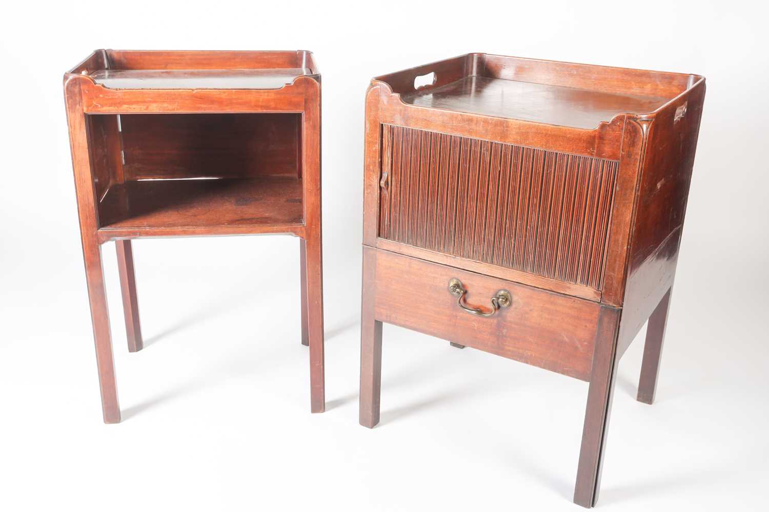 A Geo III mahogany tray topped, tambour fronted night cupboard with pull-out base, raised on moulded