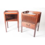 A Geo III mahogany tray topped, tambour fronted night cupboard with pull-out base, raised on moulded