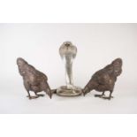 Two 20th century large cast bronze models of chickens, 22 cm high x 29 cm wide, together with a
