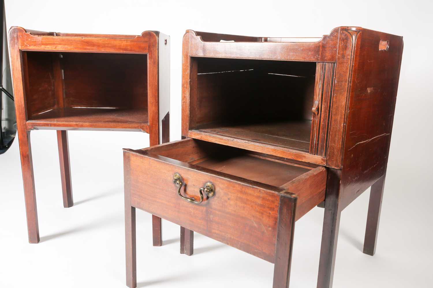 A Geo III mahogany tray topped, tambour fronted night cupboard with pull-out base, raised on moulded - Image 6 of 8