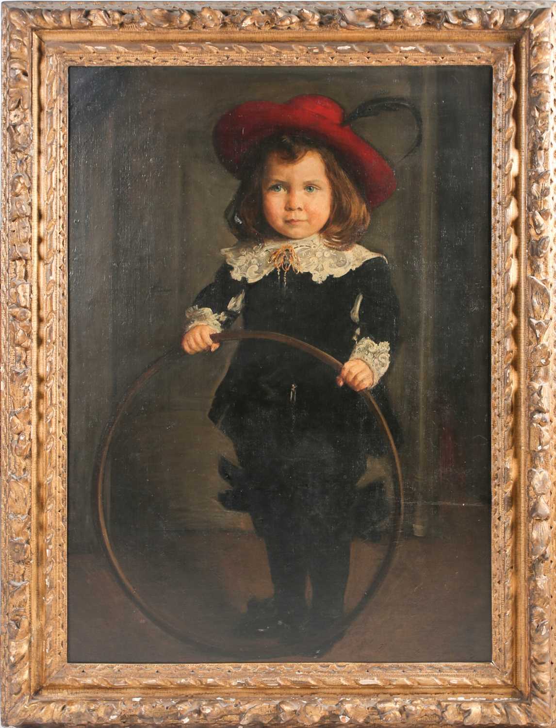 19th century Continental school, a large, full-length portrait of a child with a hoop, oil on