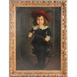 19th century Continental school, a large, full-length portrait of a child with a hoop, oil on