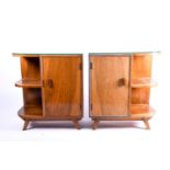 A pair of mid 20th century figured walnut bedside cabinet bookcases, each radiused at one end and