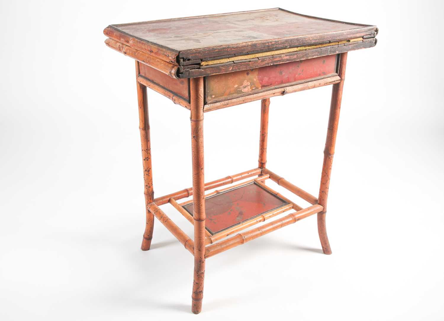 A 19th century bamboo and painted lacquer fold-over gaming table with under tier. Raised on slightly - Image 2 of 11