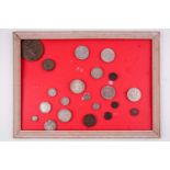 A presentation group of coins and medals, to include George III silver crowns, a cartwheel penny,