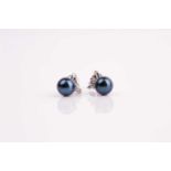 A pair of 18ct white gold, diamond, and black pearl earrings, each set with a black pearl of