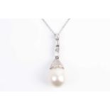 A South Sea pearl and diamond pendant, the pear-shaped pearl beneath a brilliant-cut diamond set