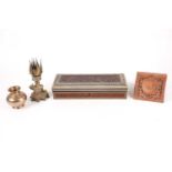 An Indian sandalwood and sadeli table box, circa 1900, 29.5cm, a brass incense burner, a small brass