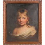 19th century British school, a head and shoulders portrait of a young girl, unsigned oil on