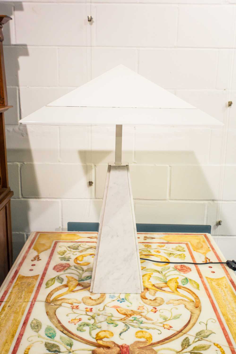 A modernist white marble and white perspex pyramid form table lamp. 90 cm high x 63 cm wide x 63 - Image 6 of 7