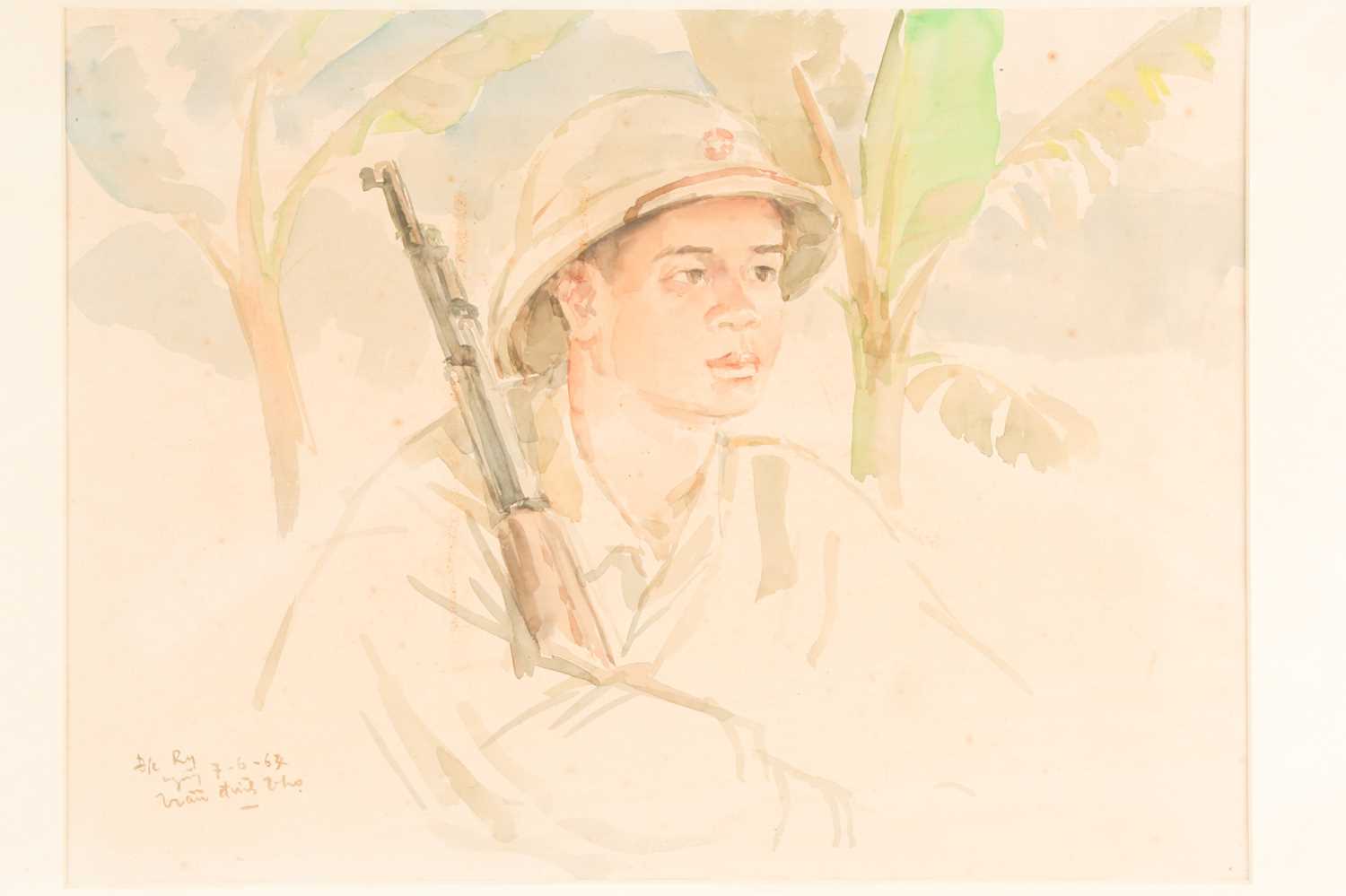 Vietnam War artist, portrait of a North Vietnam soldier, a rifle resting on his shoulder, signed and - Image 4 of 5