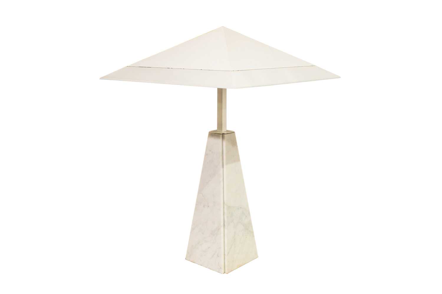 A modernist white marble and white perspex pyramid form table lamp. 90 cm high x 63 cm wide x 63