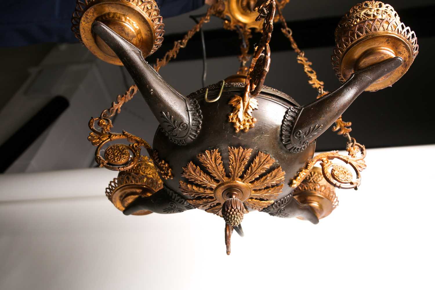 A toleware and gilt metal electrolier, in the Empire taste, with four branches and scrolled - Image 4 of 5