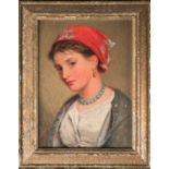 Late 19th-century continental School, a portrait of a young girl wearing a red headscarf, oil on