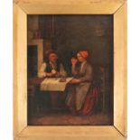 18th century Flemish school, a couple in a tavern scene, oil on board, 21.7 cm x 16.5 cm in a gilt