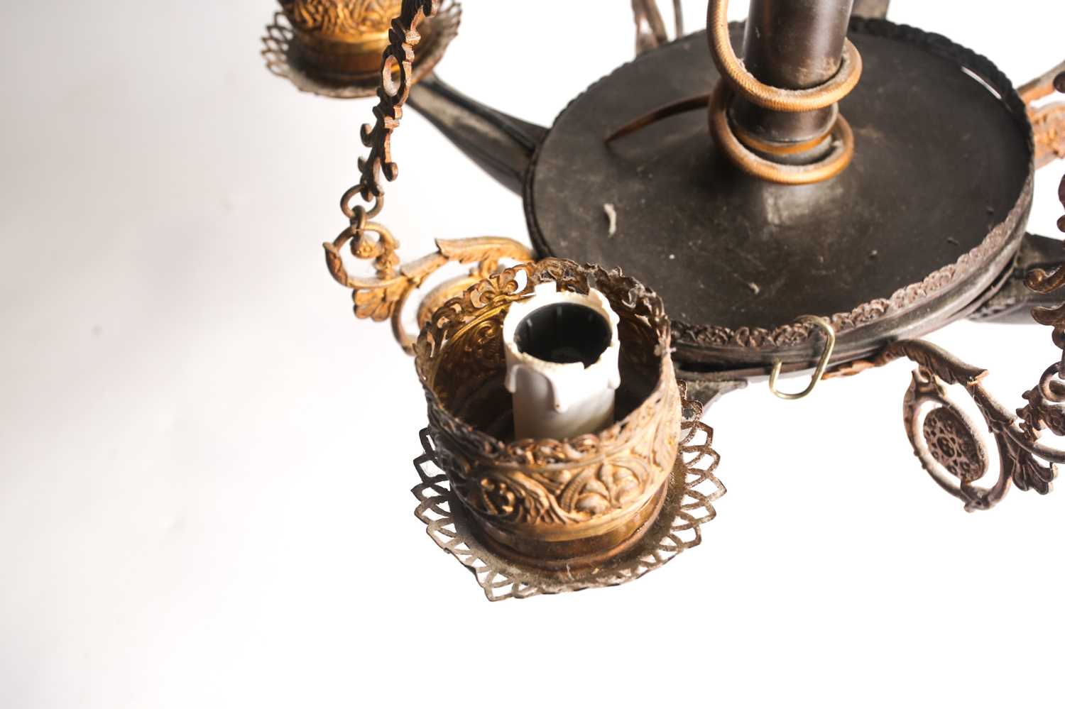 A toleware and gilt metal electrolier, in the Empire taste, with four branches and scrolled - Image 5 of 5