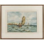 Thomas Bush Hardy (1842-1897), boats in rough seas off a harbour wall, watercolour, signed to