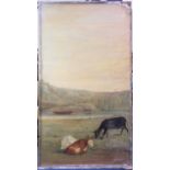 19th century Continental school, a large unframed oil on canvas, depicting cattle in a watery