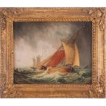 Follower of Thomas Bush Hardy (1842-1897), fishing smacks in rough seas, oil on board, 15.7 cm x