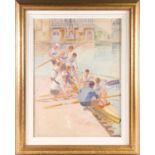 Late 20th century school, 'Getting the Boat Ready', a group of rowers boarding their boat, oil on
