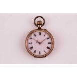 A ladies 14K gold fob watch, the rose enamel dial with black Roman numerals, the outer case with