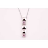 An Italian white gold and pink sapphire pendant; composed of five squares in a vertical drop, two