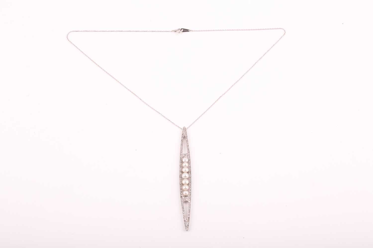 An unusual converted Edwardian diamond and pearl pendant, the elongated openwork mount centred - Image 6 of 6