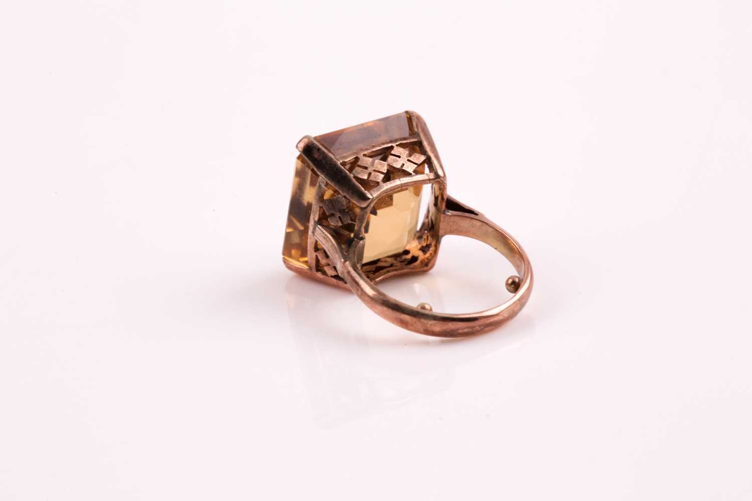 A single stone citrine ring, the square step-cut citrine, in four claw mount, foliate setting and - Image 5 of 5