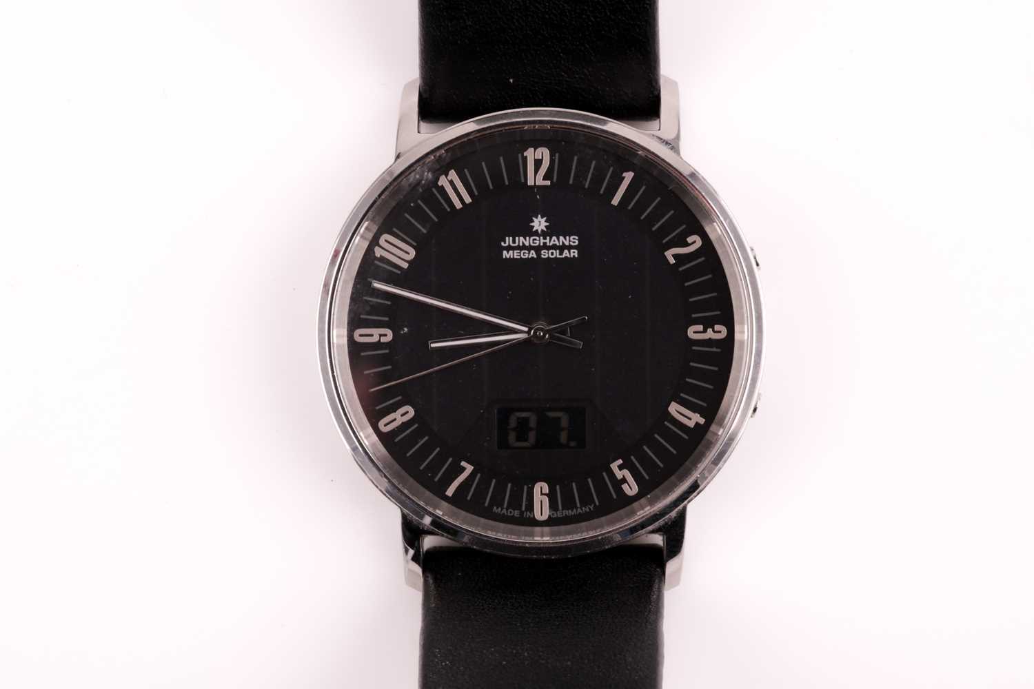 A Junghans Mega Solar radio controlled wristwatch, the black dial with small silvered numerals, - Image 2 of 11