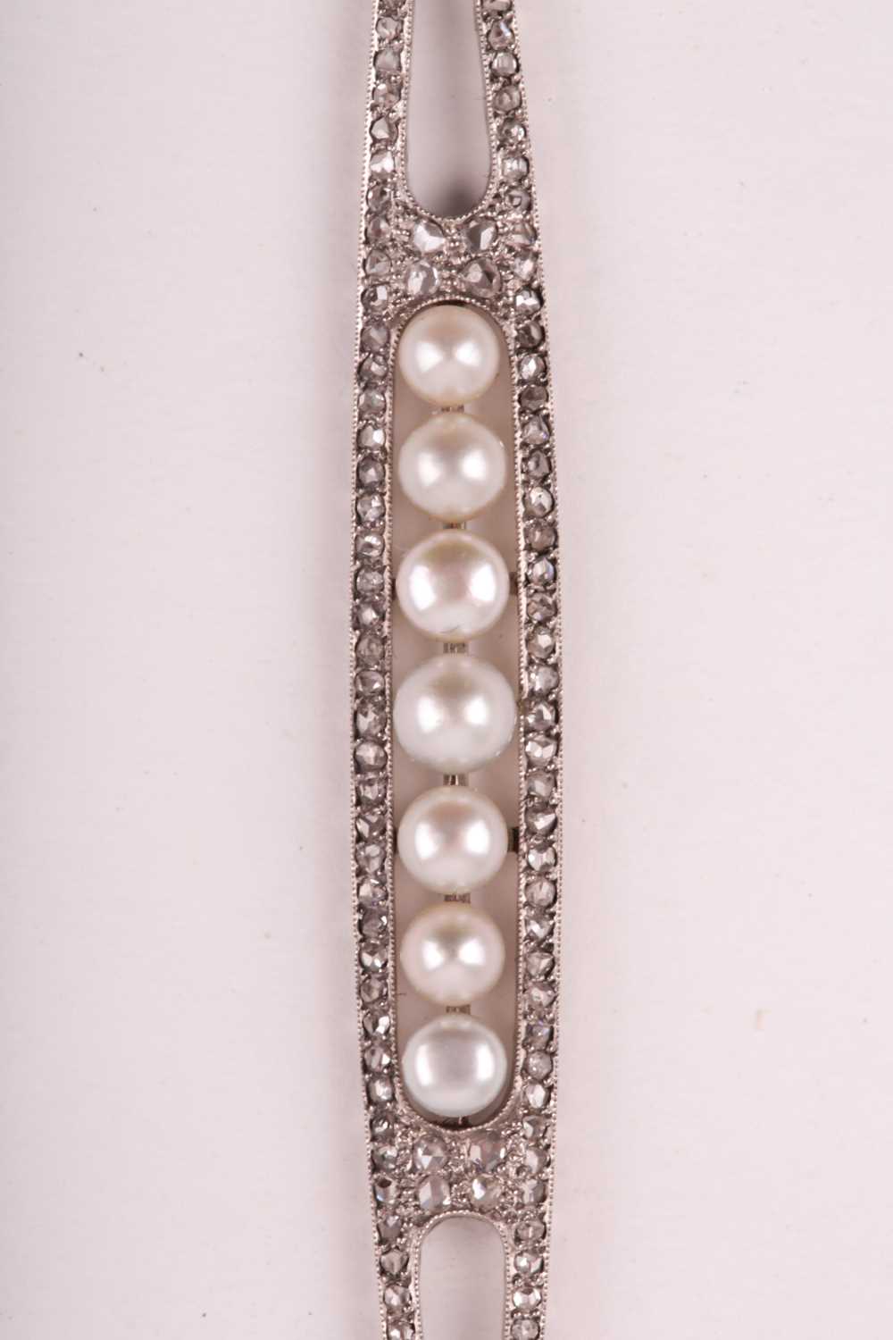 An unusual converted Edwardian diamond and pearl pendant, the elongated openwork mount centred - Image 4 of 6