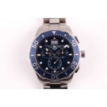 A Tag Heuer Aquaracer stainless steel chronograph quartz wristwatch, the blue dial with triple