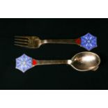 A Danish Anton Michelsen gilt and enamel fork and spoon set, in the Snow Crystal pattern designed by