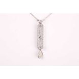 A diamond drop pendant necklace, the rectangular mount set with round brilliant-cut diamonds,