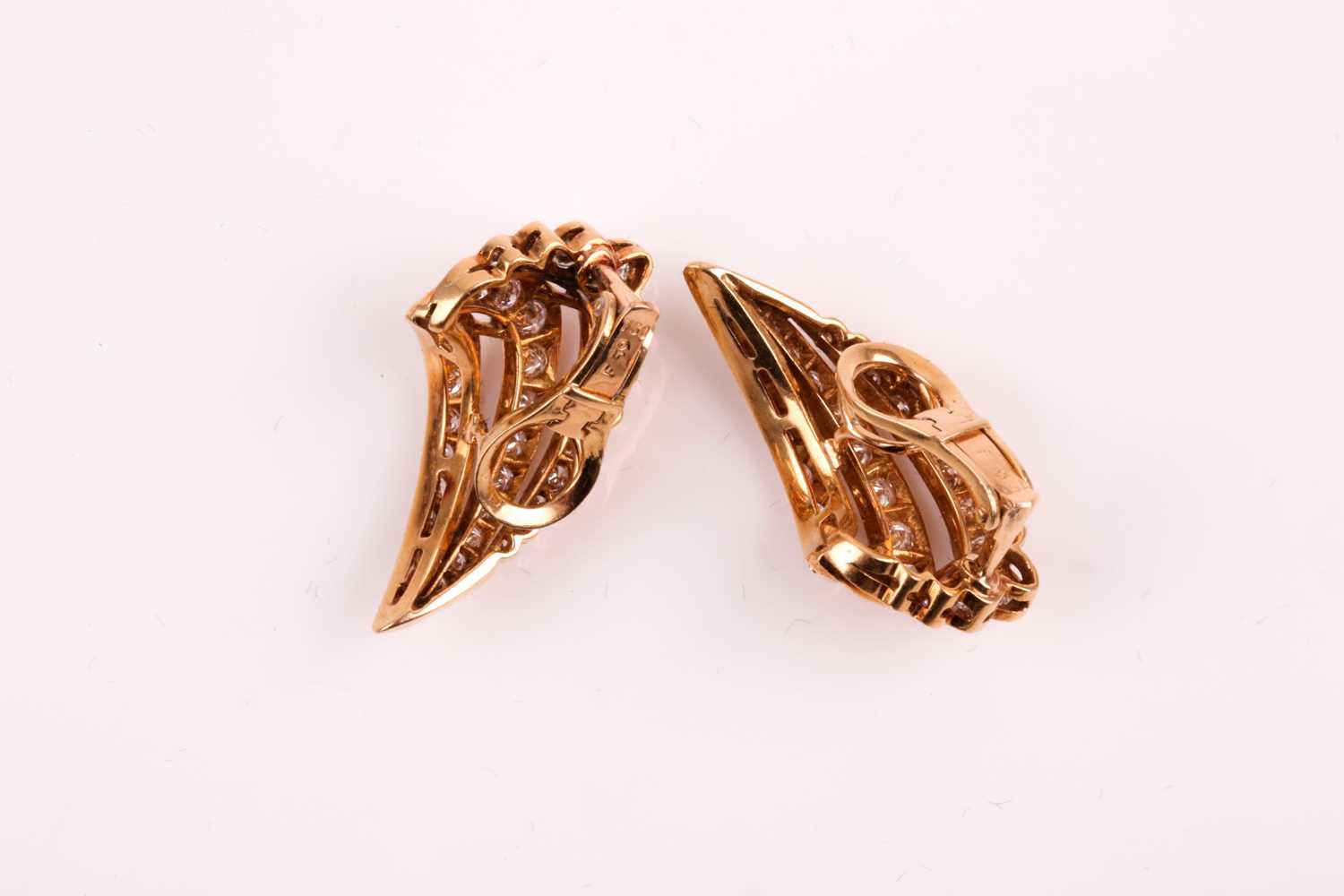 A pair of 18ct yellow gold and diamond wing earrings, each set with three rows of graduated round - Image 6 of 6