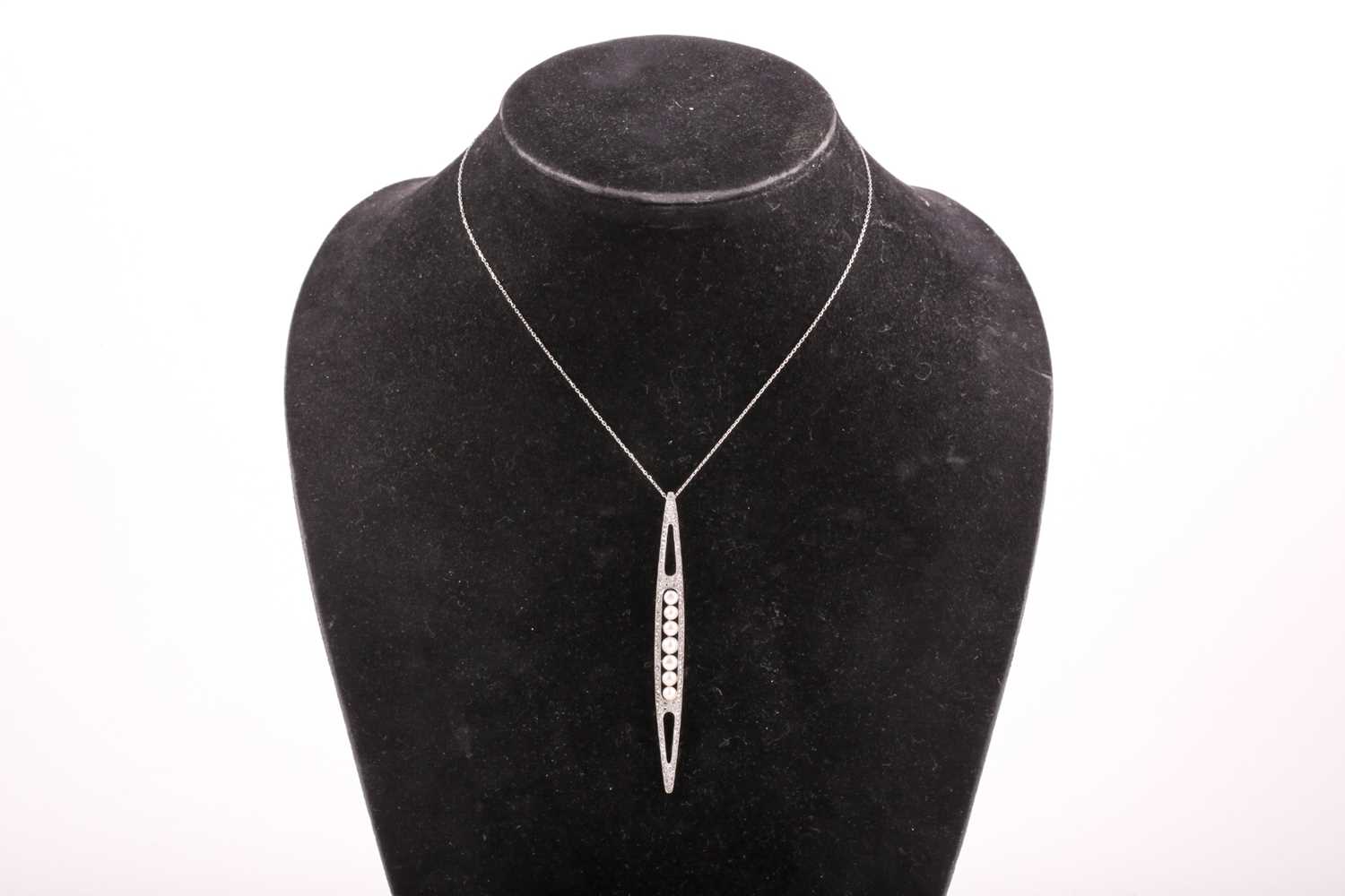 An unusual converted Edwardian diamond and pearl pendant, the elongated openwork mount centred - Image 3 of 6