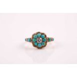 A French 19th-century diamond and turquoise cluster ring; the principle old brilliant cut diamond