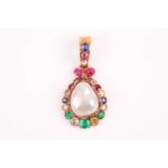 A fine yellow metal, natural saltwater pearl, diamond, and gemstone pendant, set with a natural